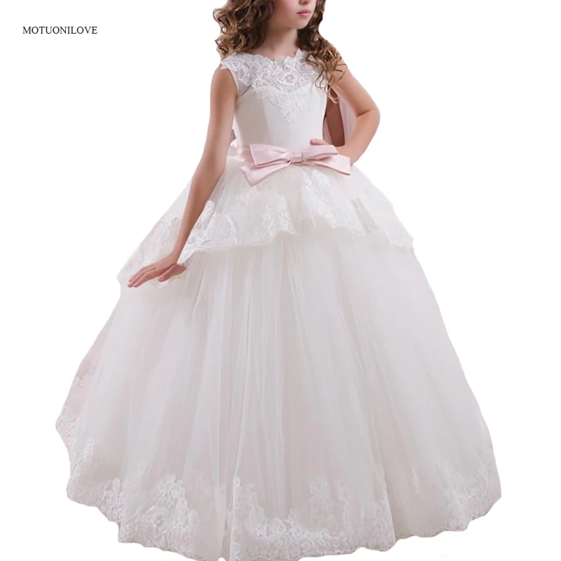 Vestidos de baile vestidos de concurso para meninas vestidos de primeira comunhão para festa de casamento faixas rosa até o chão vestidos de menina de flor de renda