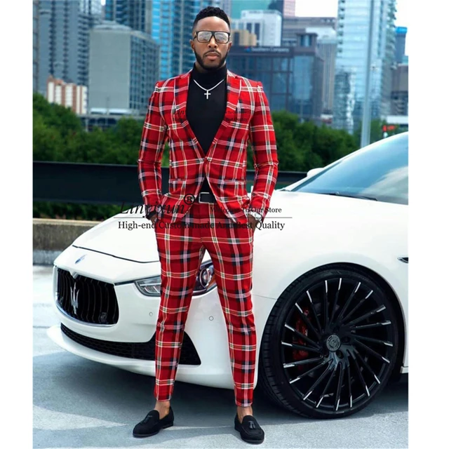 Red Men s Suit Plaid Blazer Men s Clothing Plaid Suit Fashion Plaid Red Men Suits Aliexpress