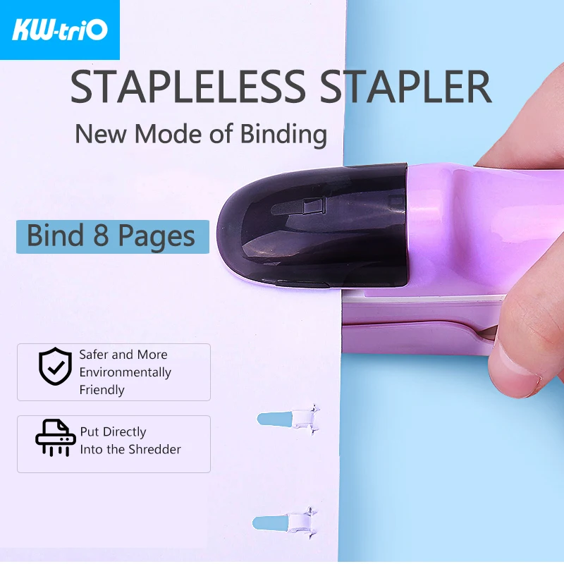 Kw-trio Stapler Tanpa Kawat Stapler Kertas Aman Stapler Plastik Portabel Tanpa Staples Ikat 8 Lembar Kertas Perlengkapan Kantor