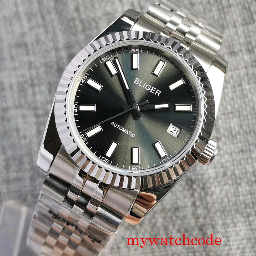 

36mm/39mm Bliger Grey Dial Sapphire Glass Fluted Bezel Luminous Marks DG MIYOTA PT5000 Automatic Wristwatch Jubilee Bracelet