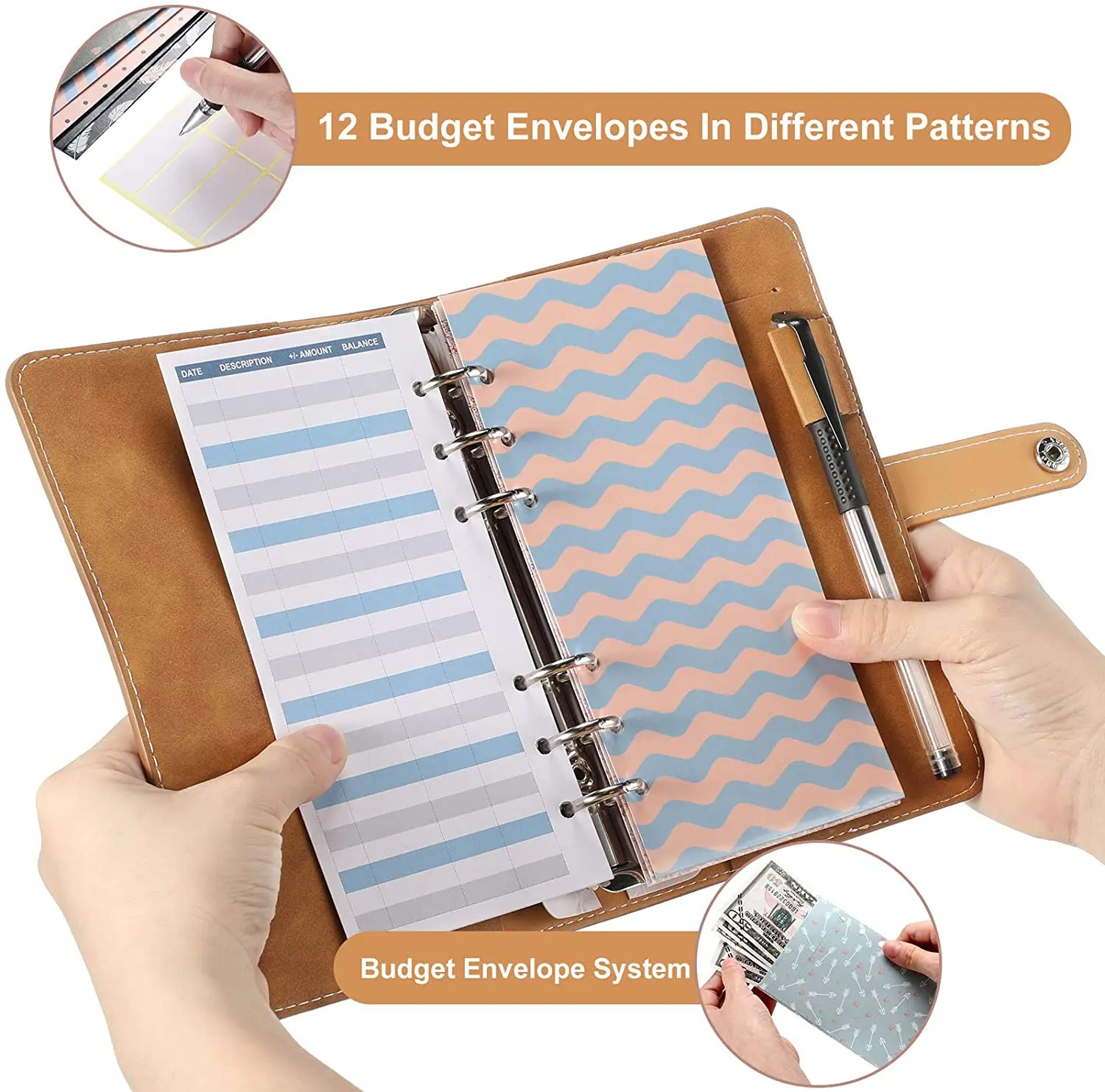 49 Pieces A6 PU Leather 6 Rings Binder Cover Notebook with 12 Budget Envelopes System,Expense Budget Sheets,Self-adhesive Labels