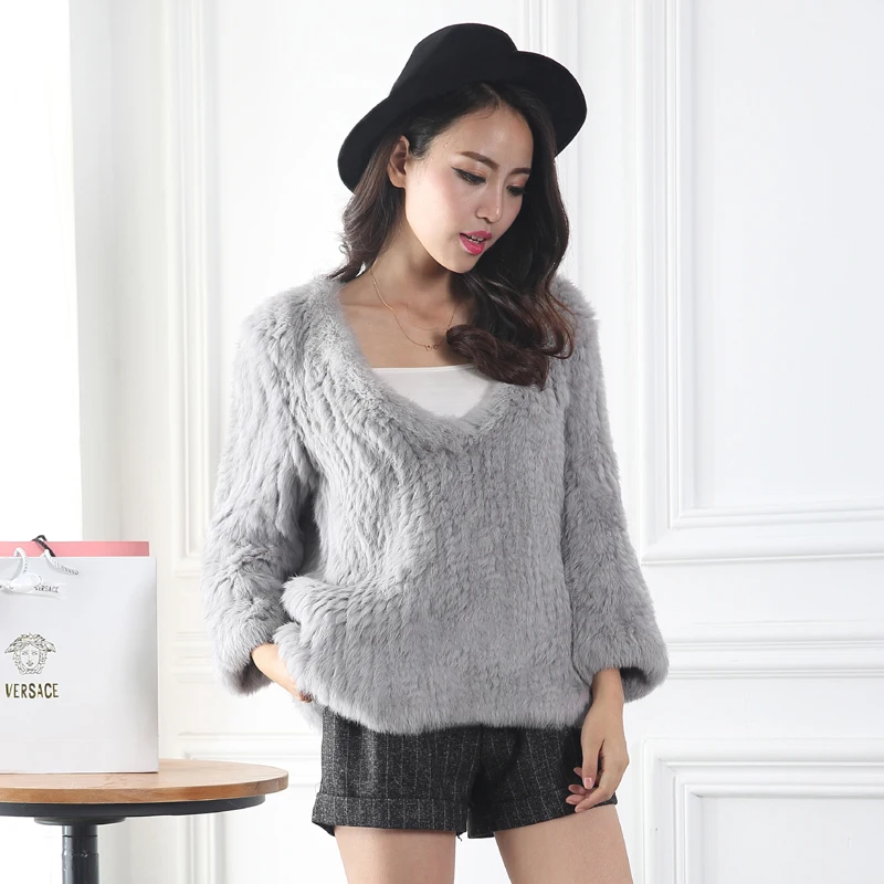 big fashion trends catwalk sexy topless mid-length pullover autumn and winter rabbit fur woven fur jacket