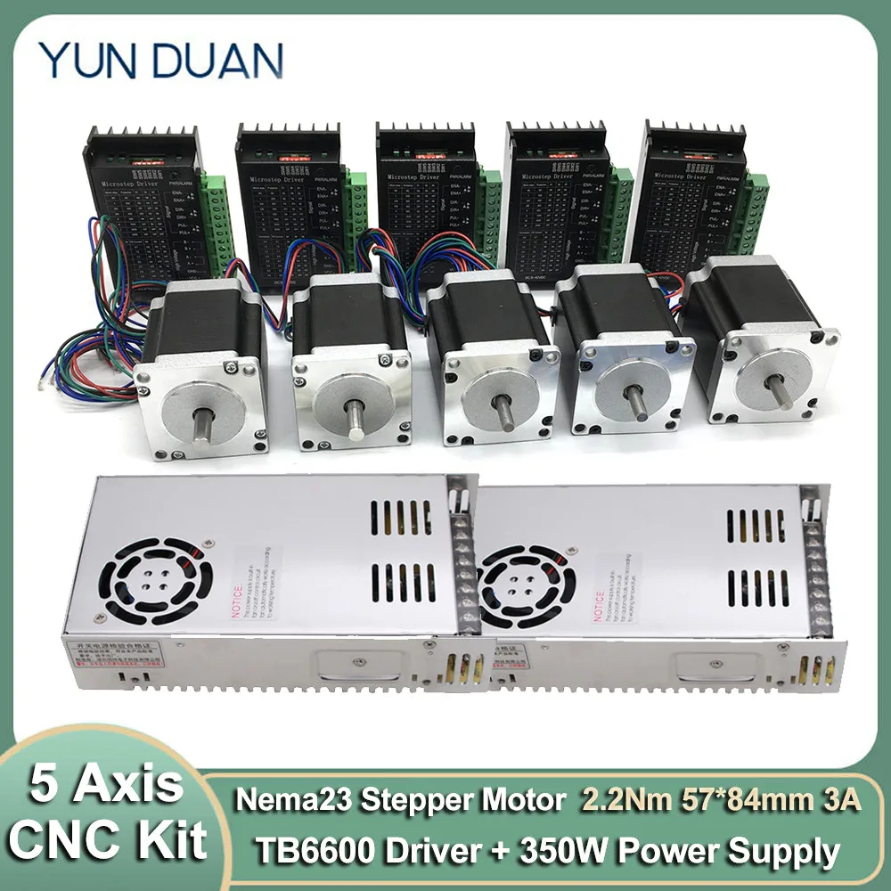 5PCS Nema23 Stepper Motor 57*84mm 3A 2.2Nm 310Oz-in  6.35 8mm Shaft 4A Stepper Driver 350W Power Supply Kit 5 Axis CNC Router