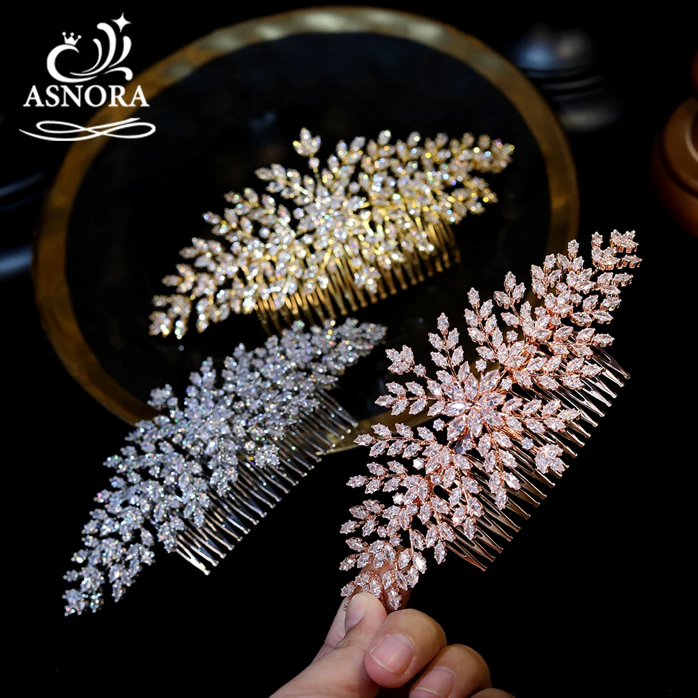 ASNORA High Quality AAA CZ Wedding Hair Accessories Bridal Hair Comb Golden Leaf Tiaras, Female Prom Banquet Hair Accessories