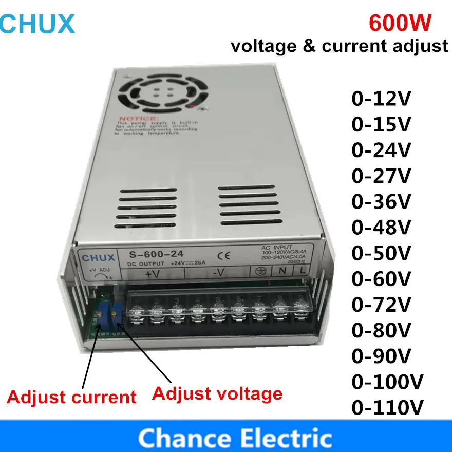 CHUX 600W Adjustable Switching Power Supply 0-12v 15v 24v 27v 36v 48v 50v 60v 72v SMPS LED Switch Power Supplies