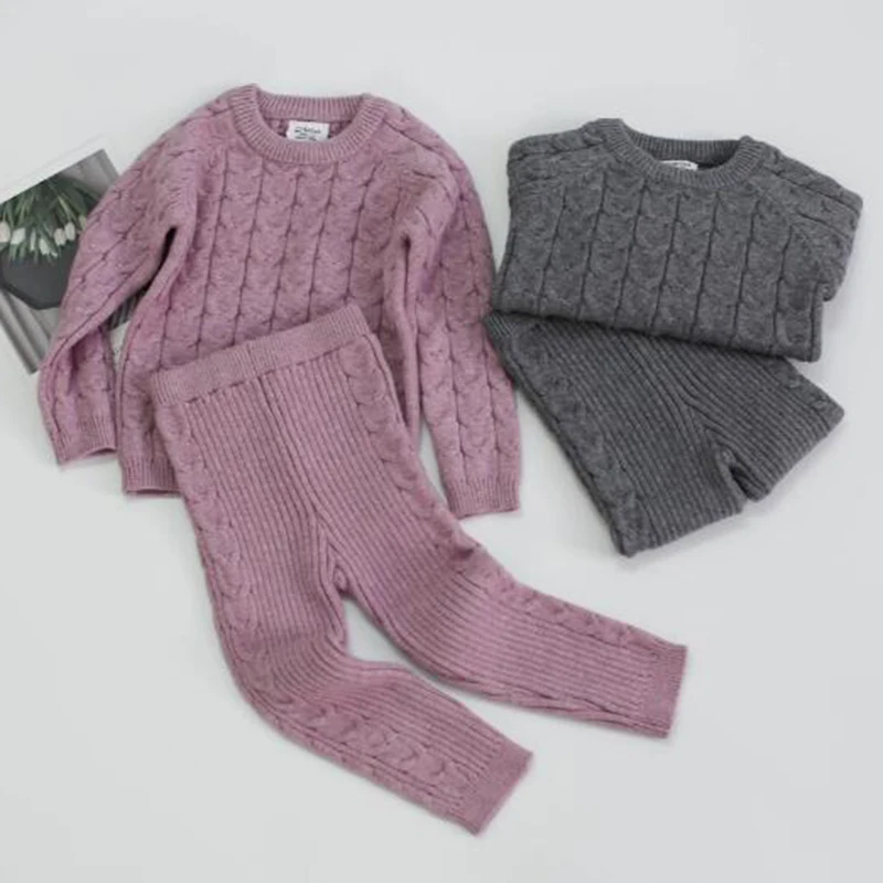 Infant Baby Boys Girls Knit Base Shirt Long Sleeve Top + Pants Clothing Sets Autumn Winter Kids Pure Color Boy Girl Suit Clothes