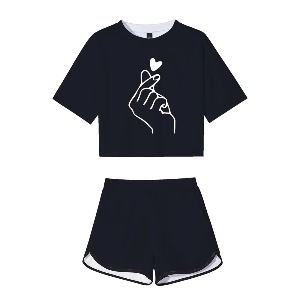 Heart Finger Crop Shorts Suit Solid Black 3D Print T-shirt Pants Two Piece Set Women Tracksuit Outfit Summer Cute Matching