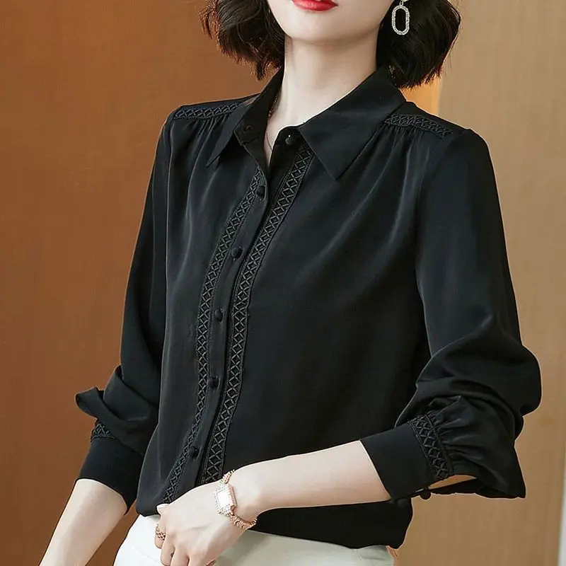 

Large SIze Satin Shirts Fashion Retro Black Blouses Casual Long Sleeve Polo-Neck Splice Loose Tops Blusas MM0261