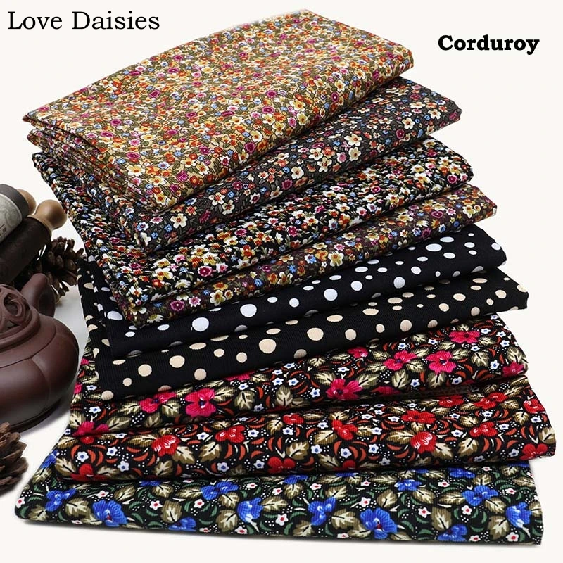 100% Cotton 21W Fine Corduroy soft BLACK YELLOW BROWN FUCHSIA Small flower Floral Dots Fabrics for DIY Dress Shirt Craft Decor