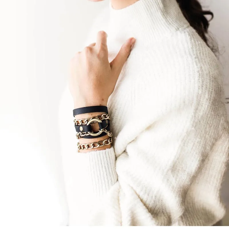 2023 New Fashion Real Black Leather Bracelets For Women Punk Bangle Adjustable Length Bohemia Holiday Male Jewelry