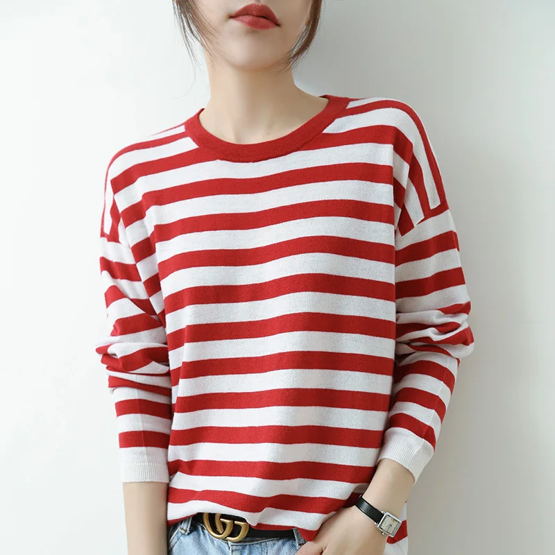 Spring Autumn Women O-Neck Warm Pullover 100% Worsted Wool Large Size Knit Sweater Lady Soft Comfort Cashmere Striped Thin Shirt