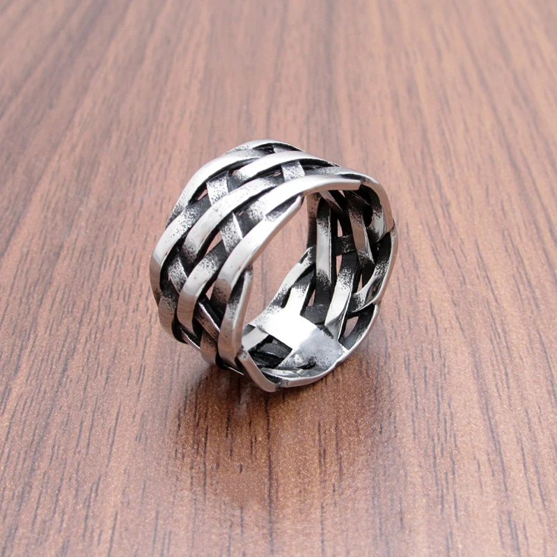 Punk 316L Stainless Steel Silver Color Braided Ring Classic Men's Viking Amulet Rings Nordic Jewelry