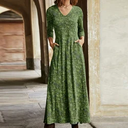 Elegant Floral Print Split Women Maxi Dresses 2021 Autumn V Neck Long Sleeve Packet Party Dress Ladies Sexy Slim Dress Vestidos