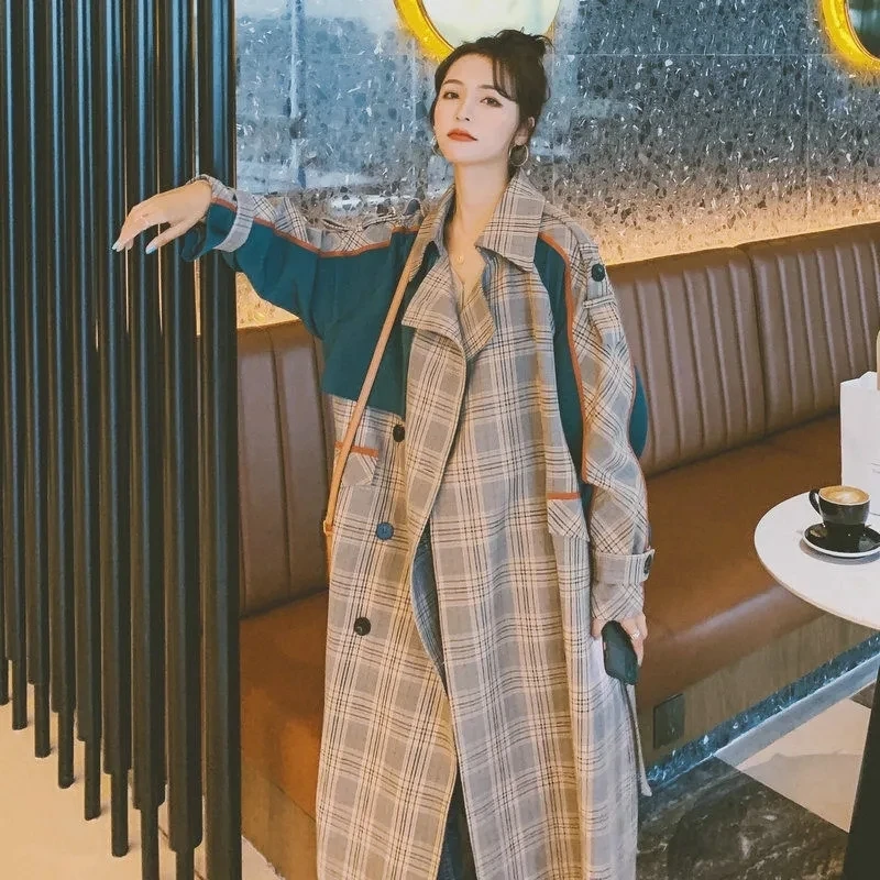 Vintage Light Brown Plaid Color Contrast Women Long Trench With Belt Autumn Korean Double Breasted Casual Windbreaker Coat 4XL