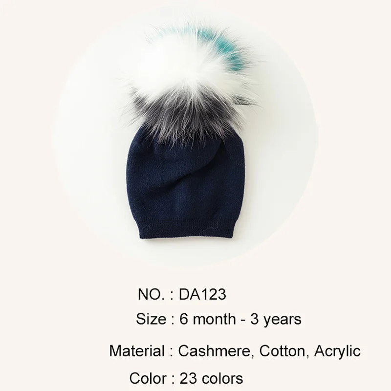 Geebro Children Knit Cashmere Beanie Triple Color Real Raccoon Fur PomPom Hat Girl Warm Candy Color Bone Kids Baby Soft Cap