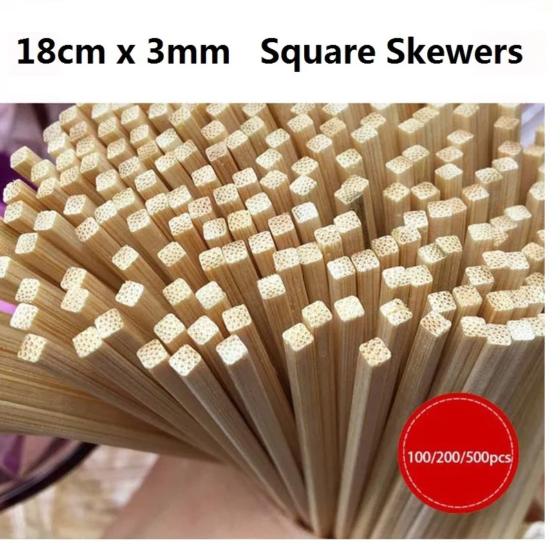 18cm*3mm Square Bamboo Skewers Small Wood BBQ Grill Skewer Disposable Food Candy Apple Stick Fruit BBQ Tools  BBQ Accessories