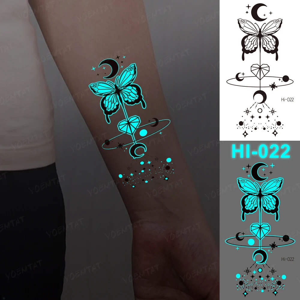 3D Blue Feather Luminous Tattoos Stars Wings Butterfly Cute Transfer Waterproof Temporary Tattoo Sticker Men Women Glowing Tatto