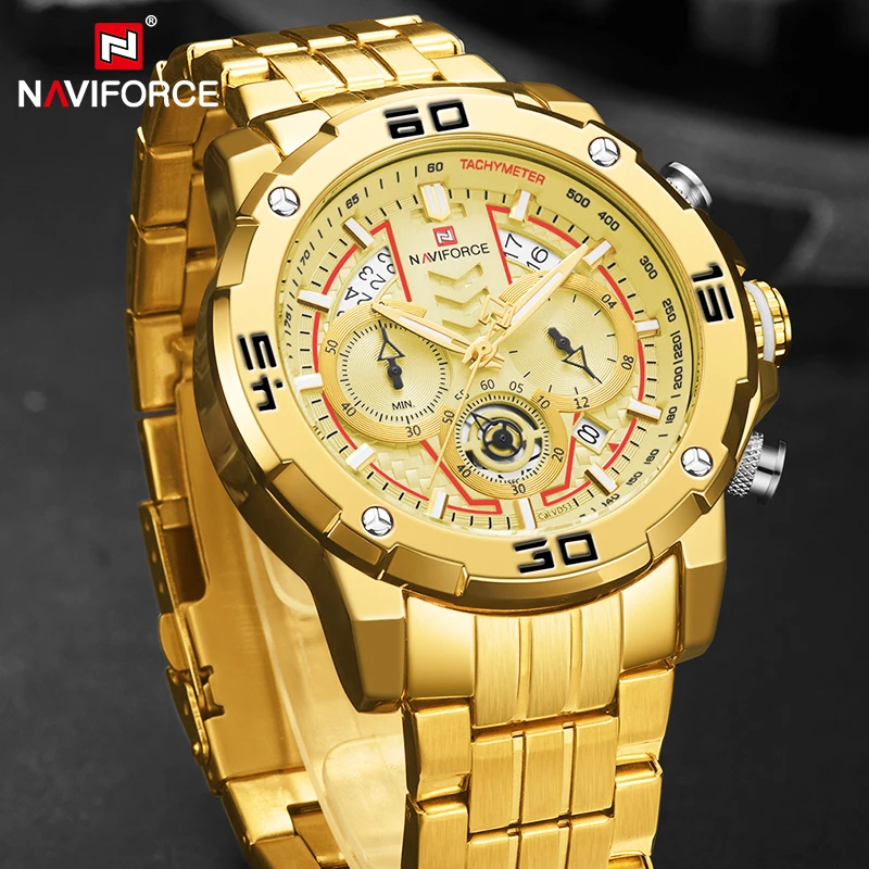 NAVIFORCE Watches Sport Chronograph Luxury Gold Watch Men Quartz Wristwatch Date Waterproof Clock Relogio Masculino 2020