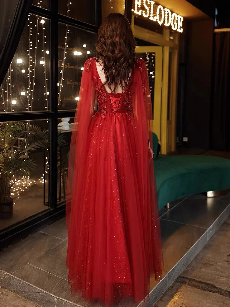 Red Evening Dress With Shawl V-neck Tassels Sleeve A-line Floor-length Lace Up Appliqued Beads Fancy Prom Gowns Robes De Soirée