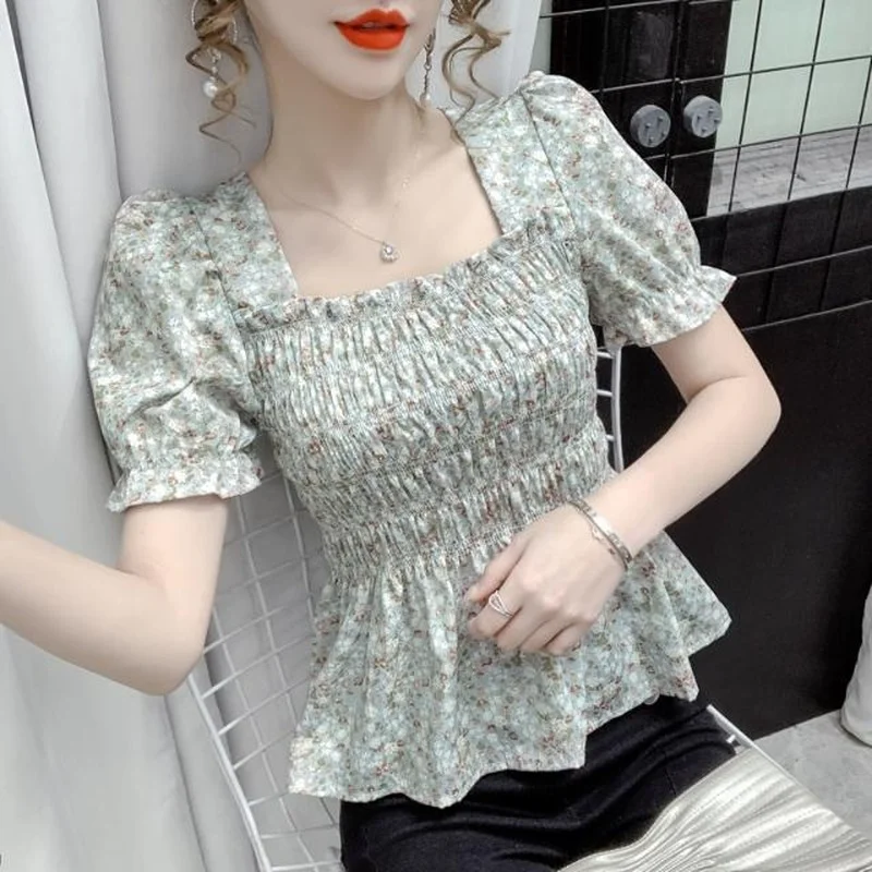 

Polo Shirt 2021 New Top with Square Neck Small Floral Chiffon Pullover Short-sleeved Top with Wooden Ears Women's Tops