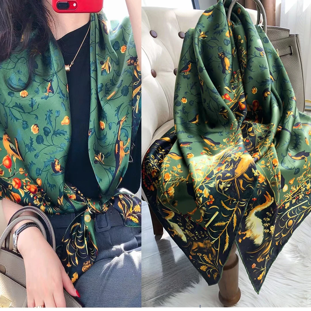 

BYSIFA| New Green Natural Silk Scarf Shawl Bandana Female Fashion Large Square Scarves Hijabs Fall Winter Brand Scarves Foulard