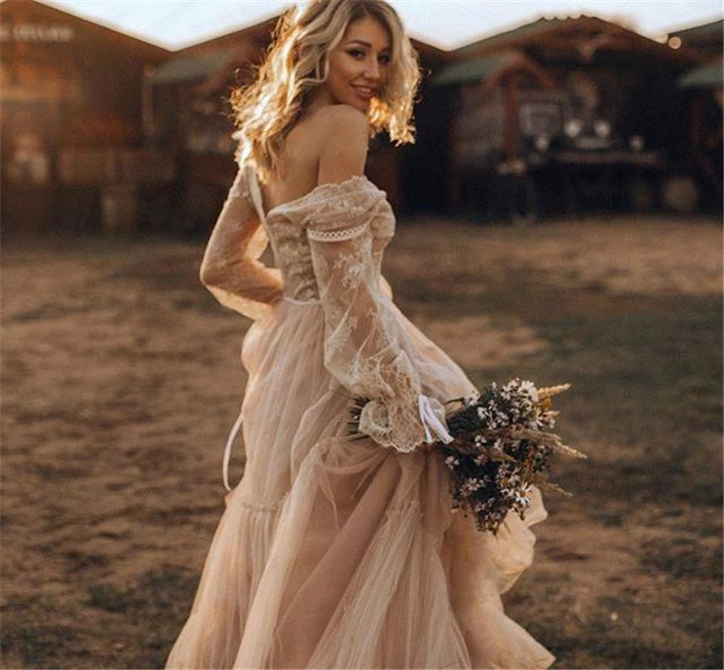 LORIE 2024 urocze koronkowe ogrodowe artystyczne suknie ślubne Boho z długim rękawem Sheer arabski Vestido de noiva suknie ślubne dostosowane