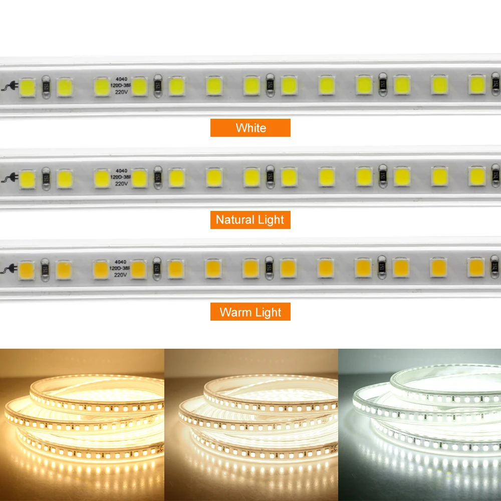 Taśma LED AC220V 4040 wysokiej jasności 120 leds/m zewnętrzna wewnętrzna oświetlenie dekoracyjne biały/ciepły biały/neutralny biały listwy LED