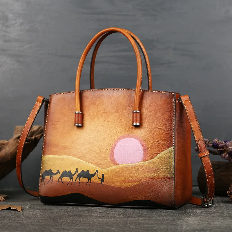 Hand Painted Color Head Layer Cowhide Zipper Tide Large Capacity Genuine Leather Women Handbag  Retro Cowhide Shoulder Bag