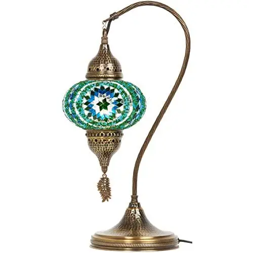 English Moroccan Tiffany Style Handmade Colorful Mosaic Table Desk Bedside Night Swan Neck Lamp Light Lampshade, Turquoise, 19