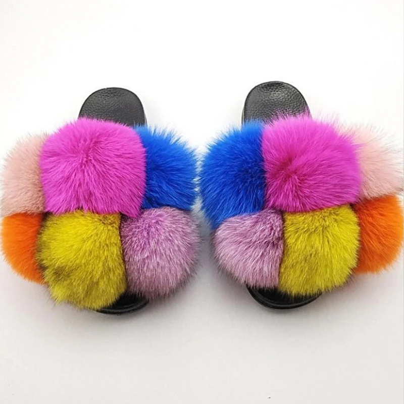 Fluffy Slides Women Pom Pom Fur Slippers 2021 Summer Fashion Fur Slides Flat Sandals Indoor Outdoor Flip Flops