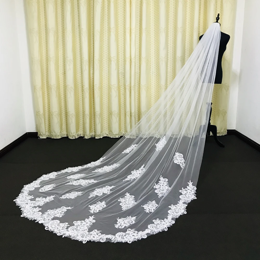 Elegant Cathedral Long Tulle Lace Applique Wedding Veils Bridal Veils Matching The Wedding Dresses