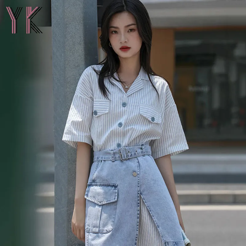 

Summer Women Skirts Clothes Sets 2021 Korean Striped Loose T-shirt Blouses Split Denim Mini Skirts 2Pcs Sets Female Streetwear