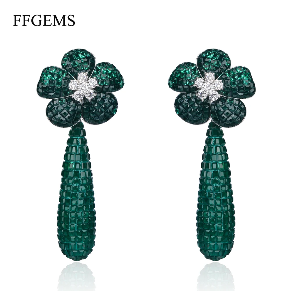 FFGems New Design 925 Silver Drop Big Earring Flower Created Nano Ruby Emerald Invisible Fine Jewelry Women Wedding Party Gift