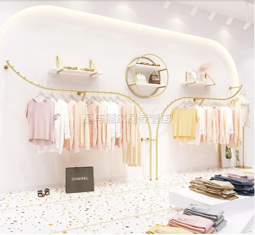 Clothing store display racks wall-mounted women's clothing store wall hanging clothes pole display shelves