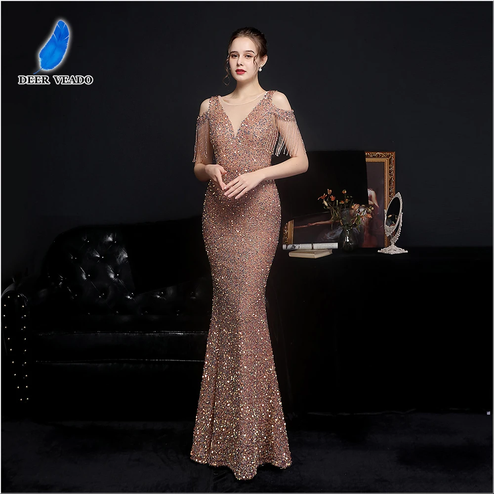 

DEERVEADO Elegant Gold Sequin Women's Mermaid Evening Dress Luxury Beading Party Dresses Bodycon Maxi Dress K18580