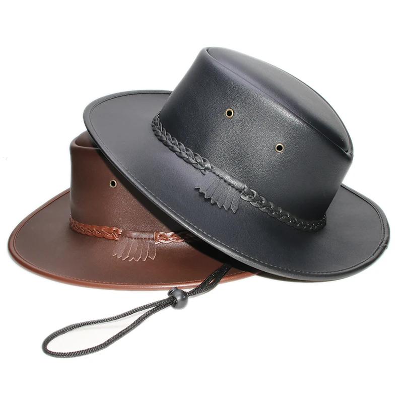 Retro Summer Large 59CM Size Single Layer Leather Casual Men Wide Brim Beach Cowboy Cowgirl Western Sun Protection Hat