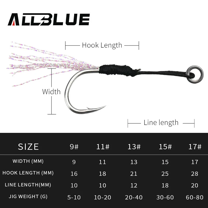 ALLBLUE 6pcs/lot Metal Jig Assist Hook With PE Line Feather Solid Ring Jigging Spoon Saltwater Fishhook for 10-60g Lure