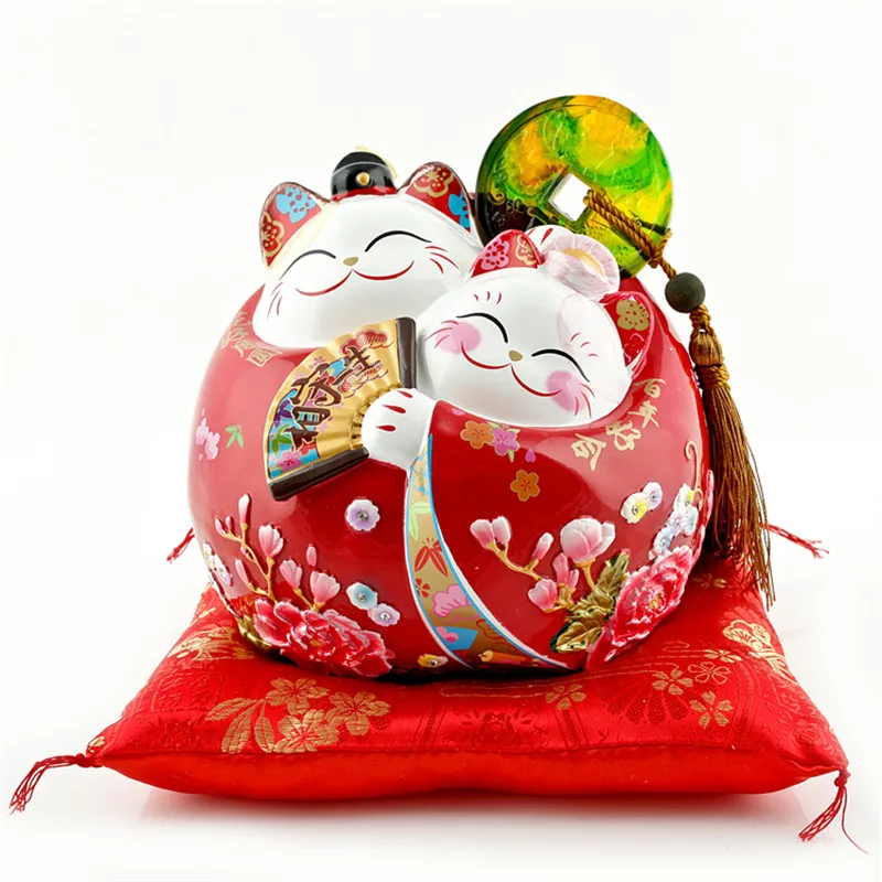 

EUROPEAN ART MANEKI NEKO STATUE FORTUNE CAT SCULPTURE PIGGY BANK CERAMIC CRAFTS PORCELAIN ANIMAL FIGURINE HOME DECORATION R4214