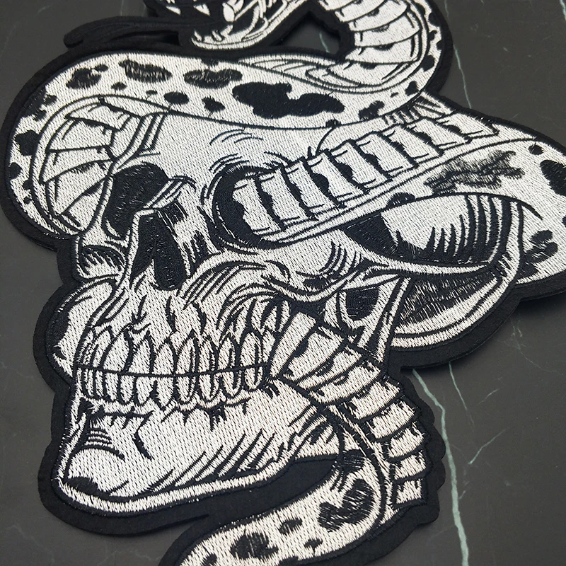 1 Piece Domineering Embroidered Black Snake Skull Accessories Rock Style For Clothing Large Patches Iron On DIY Stickers