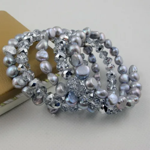 

Ювелирные изделия из жемчуга Terisa, 5 рядов, браслет из натурального пресноводного жемчуга серого цвета с кристаллами в стиле барокко, идеальный подарок на свадьбу, день рождения для женщин