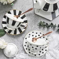 Vintage Bone China Teapot Point Ceramic Water Cup, Black Striped Coffee Mug, Gold Teacup Saucer Set, Golden Spoons, Tea Party