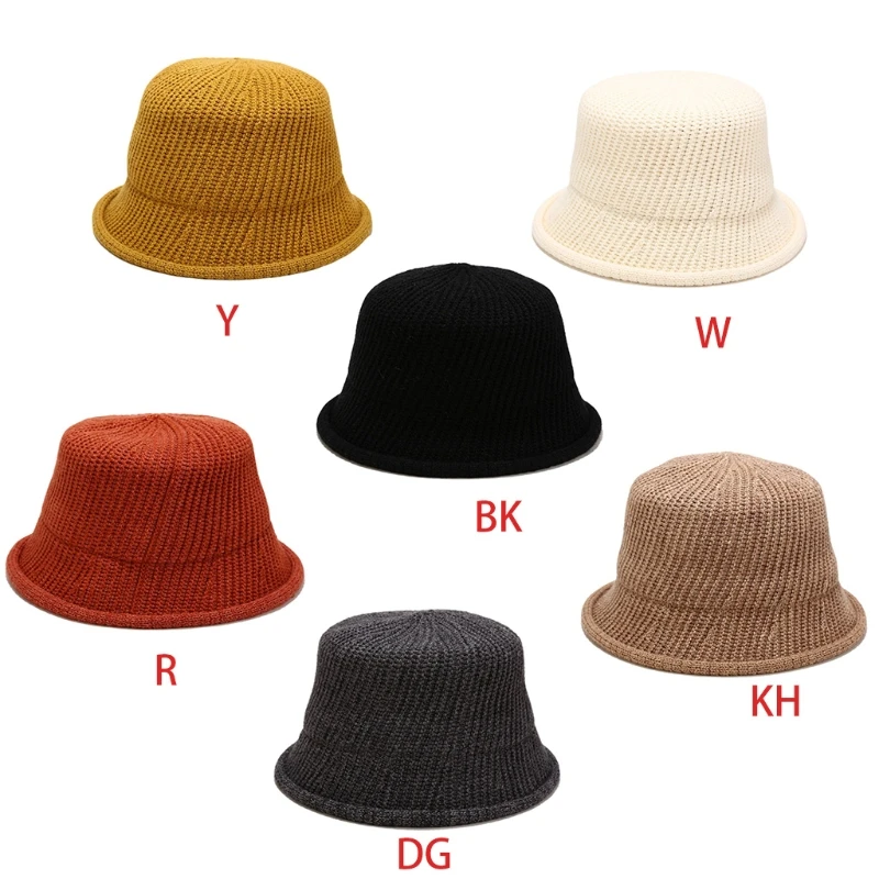 Women Faux Wool Crochet Knitted Bucket Hat Solid Color Rolled Short Brim Flat Top Leisure Warm Panama Fisherman Cap