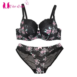 Mierside Women's Underwear Bra Rose Flower Print Suit Sexy Bra And Transparent Panties Lingerie Set 30-40 C/D/DD/DDD/E/F/G/FF