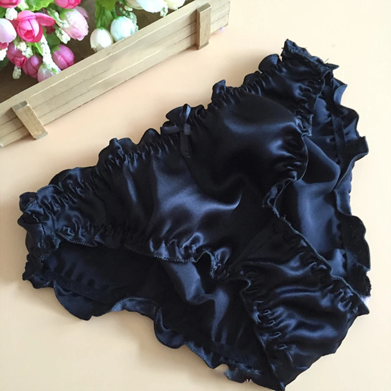 L-2XL 6Colors Silk Elastic Ruffles Bow Panties Lolita Elegant Comfortable Smooth Solid Women Briefs Underwear Lingerie