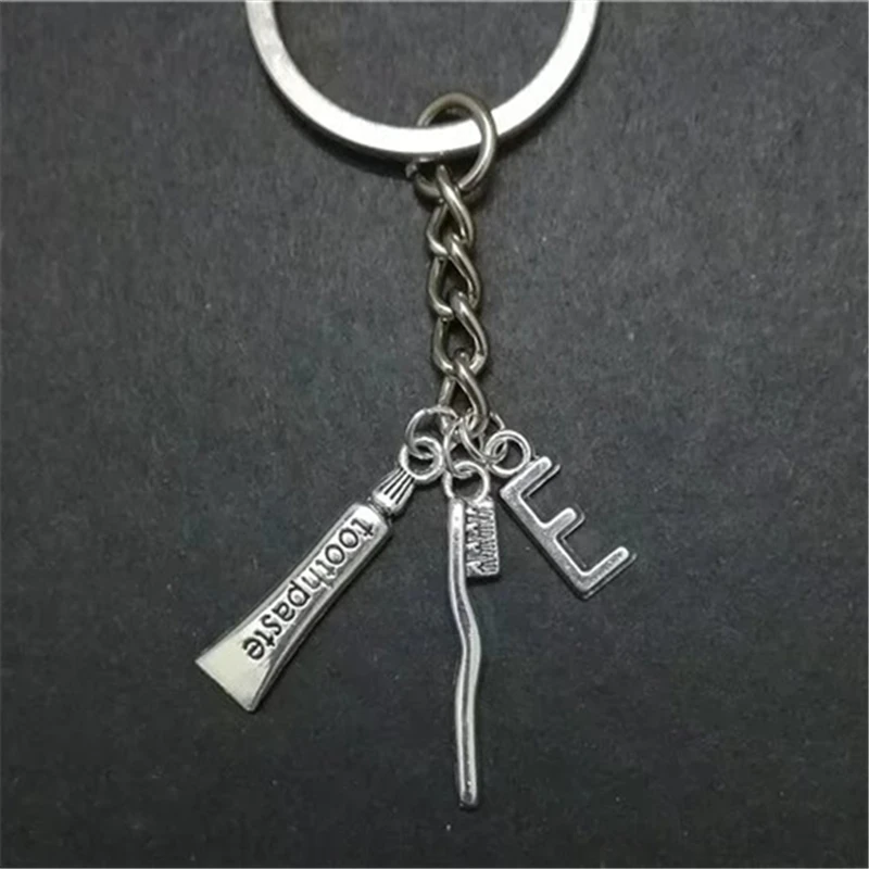 1 Pcs Handmade Anqtique Silver Color Toothpaste, Toothbrush Keychains with Initial