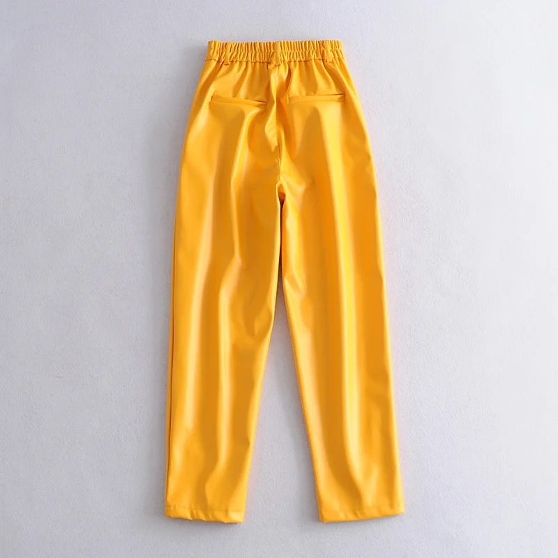 Pantalon en Faux cuir pour femme, ample, jaune, poches élégantes, fermeture éclair, bouton