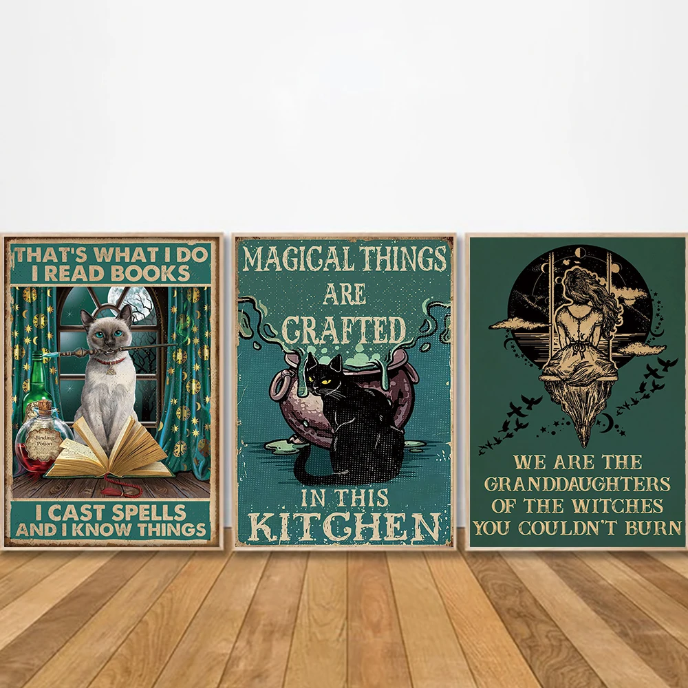 Funny Kitchen Witchery Posters and Prints Cat Broom Canvas Painting Witches Magic Wall Art Pictures Living Room Home Decor Gifts