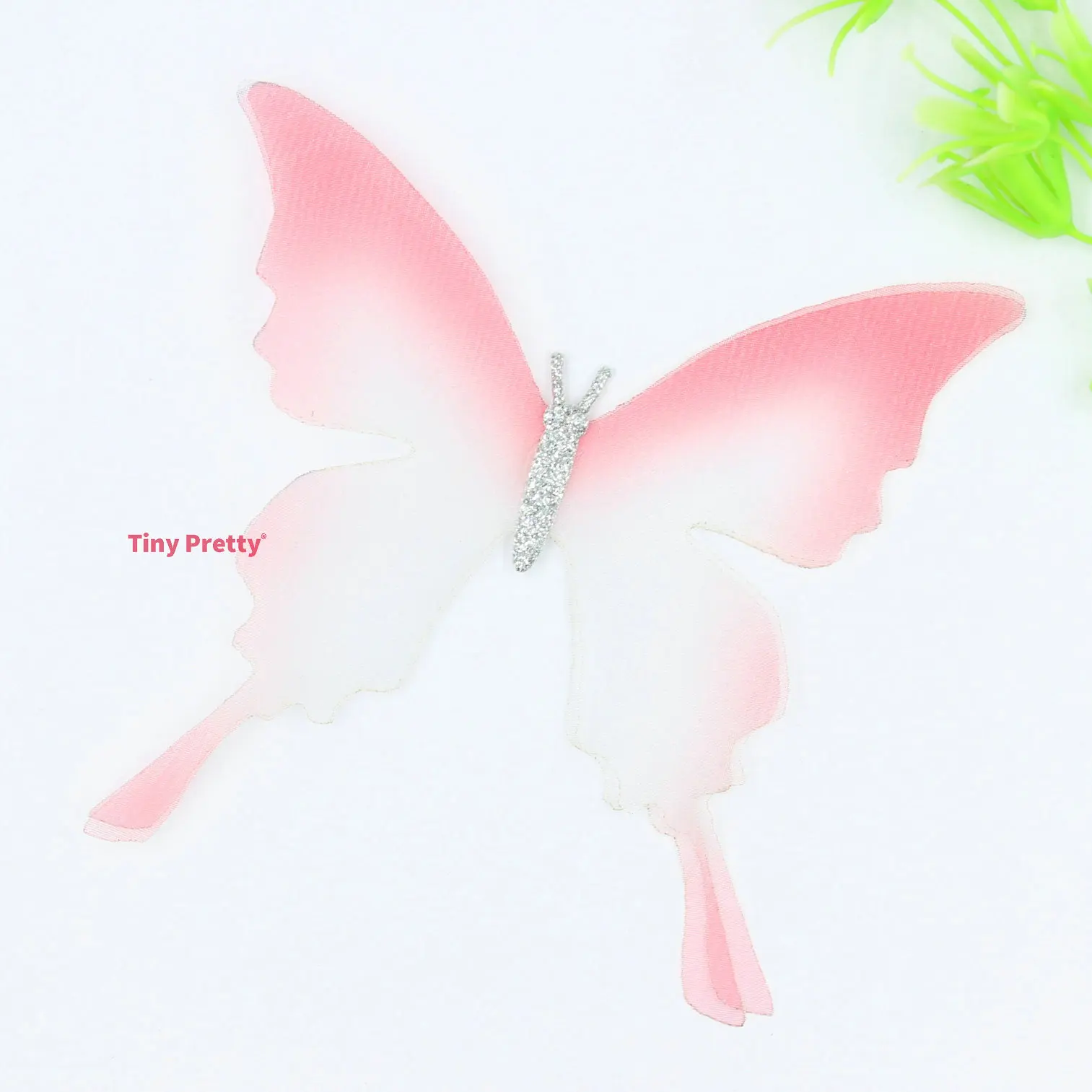 5PCS Gradient Pink Fabric Butterfly Appliques 10cm Organza Butterflies With Glitter Body for Wedding Party Decoration