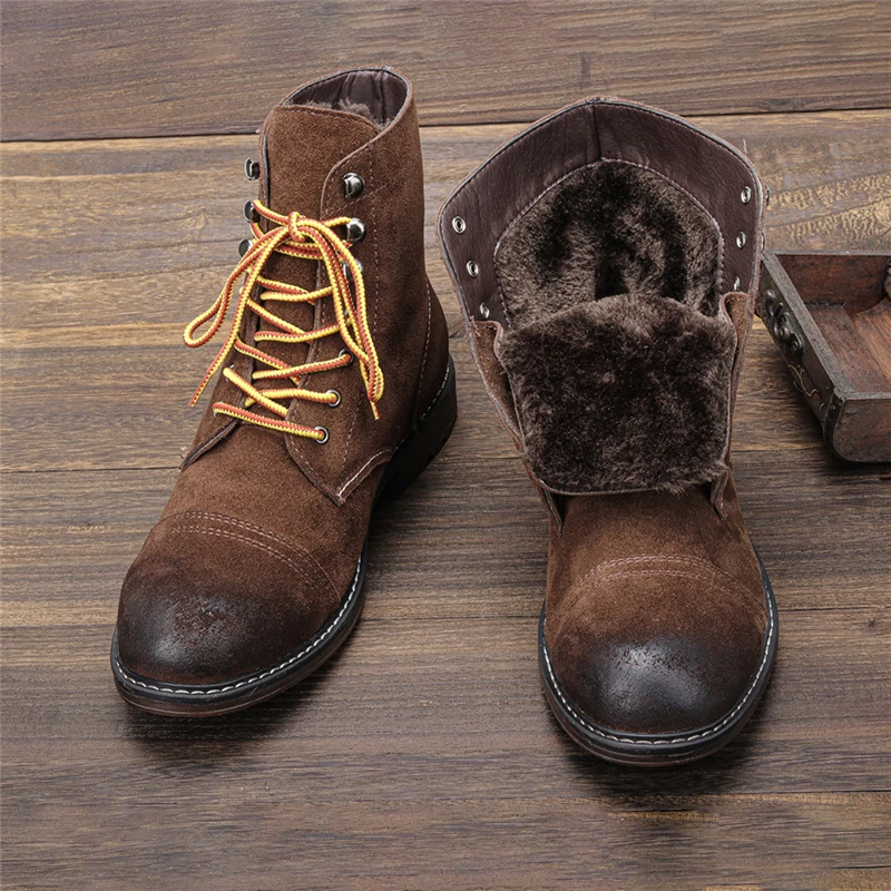 New 8111 Handmade Vintage Men Boots Winter Plush Warm Cow Leather Shoes Outdoor Tooling Ankle Boots Top Quality Motorcycle Boots