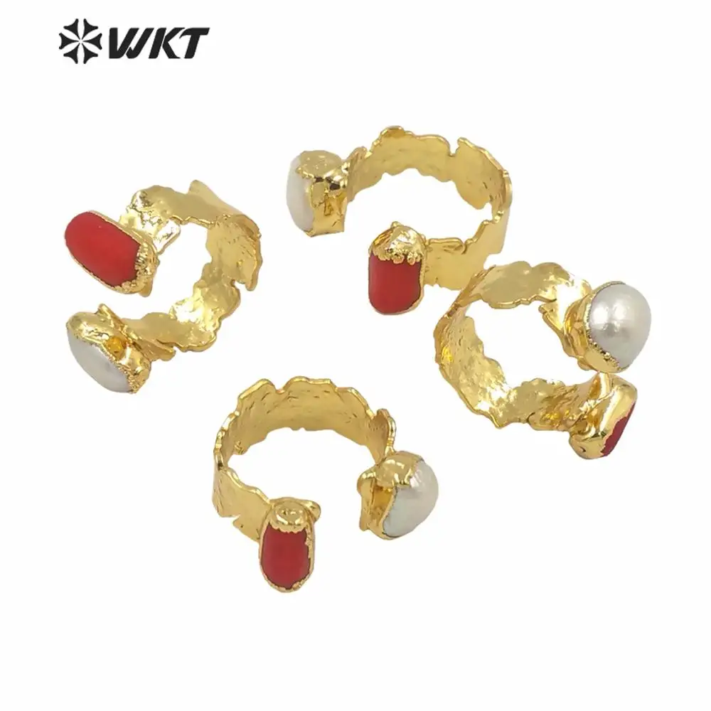 WT-MPR010  WKT Amazing Exclusive Natural Red Coral And Pearl Ring Resist Be Tarnishable With Gold Electroplated For Women